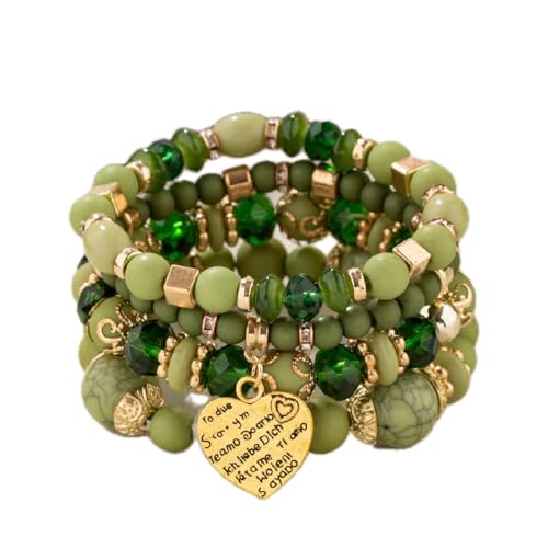 Women Beaded Bracelet Set | Colorful Boho Stackable Trendy Design with Crystal Accents Multilayer Bangle Bracelet | Fashion Stretch Braclets Jewelry for Women - color: Green-Mix