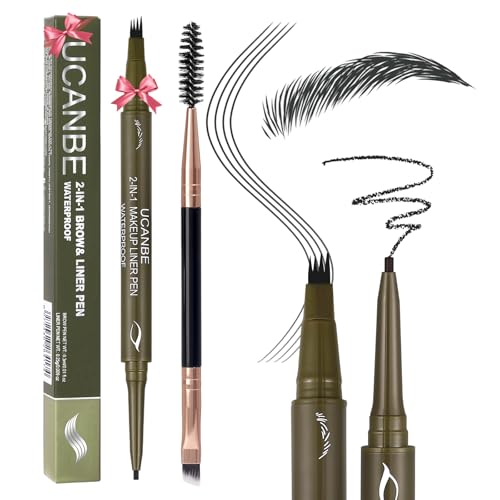 UCANBE Eyebrow Pencils for Women with Spoolie Brush, Dual-Ended Eyebrow Pen with 4-Fork-Tip & Gel Eyeliner, Microblading Brow Pen with Eyeliner Pencil + Brow Brush for Hair Like Brows, Soft Black - color: Soft Black with Brow Brush