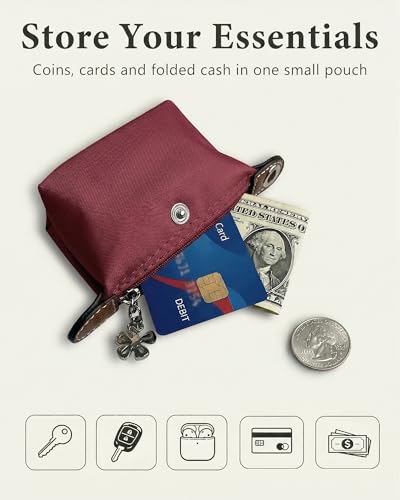 Wuflyover Coin Purse for Women, Mini Nylon Change Purse with Keychain, Small Zip Pouch for Coins, Cash, Cards (red) - color: red