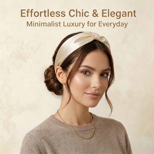 ZLYC Mulberry Silk Headband Elastic Twist Knotted Head Bands for Women's Hair, Solid Beige Cream - color: Solid Beige Cream