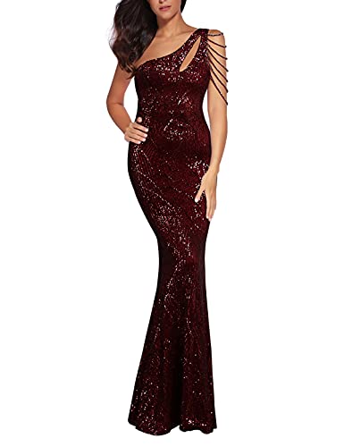 Women One Shoulder 1920s Plus Size Formal Dress Tassels Sleeve Sequins Gatsby Maxi Evening Gown - color: A-wine, size: Medium