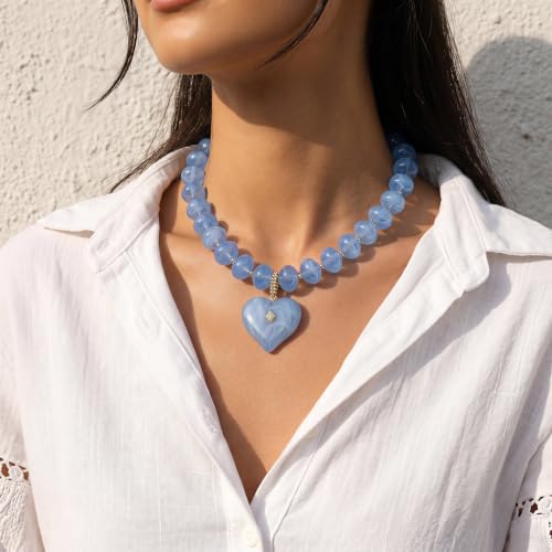 Elegance 11 designs Chunky Heart Necklace for Women, Colorful Acrylic Beaded Statement Puff Heart Necklace, Cute Boho Y2K Choker Necklace for Gift Jewelry - color: Transparent blue