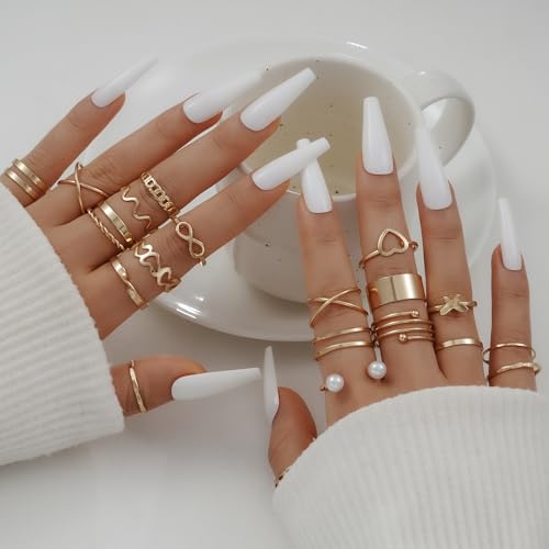 FAXHION 25 PCS Gold Stackable Rings Set for Women, Simple Twist Knuckle Finger Ring Trendy, Dainty Stacking Statement Thumb Rings Pack Jewelry Gift - color: B-gold
