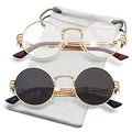 AIEYEZO Round Steampunk Sunglasses for Men Women Retro Circle Hippie Glasses Metal Frame 100% UV Blocking Lens - color: 2 Pack (Gold/Clear, Gold/Grey)