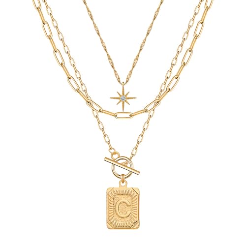Paxuan Dainty Gold 3-Layer Personalized Initial Necklace for Women - 18K Gold Layered Letter Pendant Necklace Adjustble Paperclip Chain Choker Necklace Jewelry Gifts with Star Charm - style: Letter C