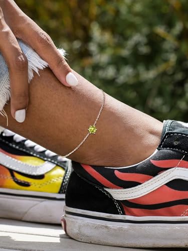 ChicSilver 925 Sterling Silver Anklets for Women, Simple Dainty Round/Heart Birthstone Ankle Bracelet Beach Foot Jewelry, 8.7-10.7 Inch Adjustable - color: 08. Round - August(Peridot)