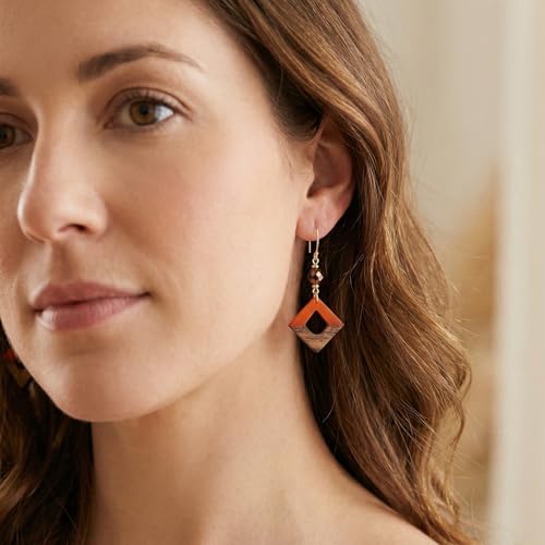Orange Acrylic & Wood Geometric Earrings, Modern Boho Drop Earrings, Lightweight Statement Earrings, Gold Plated Nickel Free