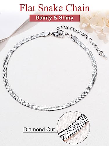 FOCALOOK 14K Gold Plated Necklaces for Women, Fashion Herringbone Choker Necklace Stainless Steel Flat Snake Chain 3/5MM(W) 12.5"/15"/18"+3.5"(L) - color: 5MM-Silver-12.5"