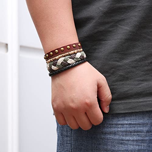 HZMAN Wrap Bracelets Men Women, Hemp Cords Wood Beads Ethnic Tribal Bracelets, Leather Wristbands - style: Cross Braided