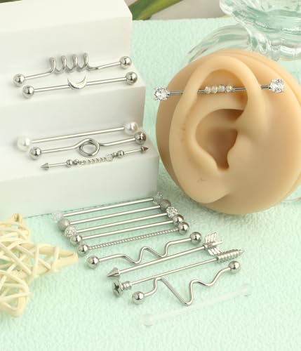 Suotarn 14G Industrial Piercing Jewelry For Women Men Stainless Steel 38 Industrial Barbell Long Cartilage Helix Conch Earrings Stud 14G Gauges Industrial Jewelry Butterfly Heart Cool 7-18pcs - color: mix style 17pcs