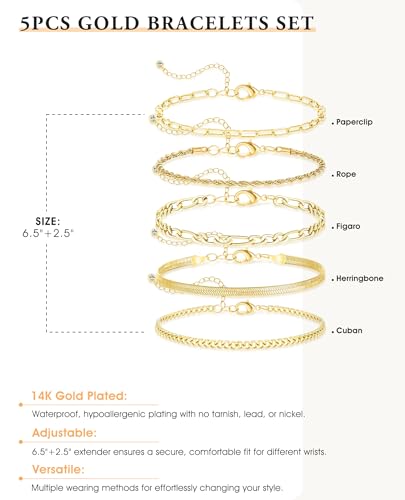 Dainty Gold Bracelets for Women, 14K Gold Plated Stackable Bracelet Set, Adjustable Beaded Cuban Paperclip Herringbone Figaro Snake Rope Chain Jewelry - style: Set7 Gold 5Pcs