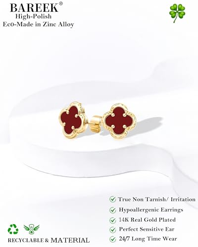 Elegant Black Onyx Clover Stud Earrings, 14K Gold Plated Four Leaf Hypoallergeinc Stud Stainless Steel Flower Earring Lucky Simple Jewelry Gift for Women Shiny Multiple Onyx Colors - color: Wine Red