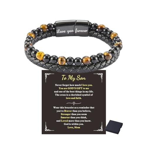 To My Son Bracelet from Mom/Dad Mother Son Bracelet Beads Love You Forever Engraved Bracelets Tiger Eye Protection Bracelets Sobriety Christmas Birthday Jewelry Gifts for Men - color: B:Tiger Eye-Son