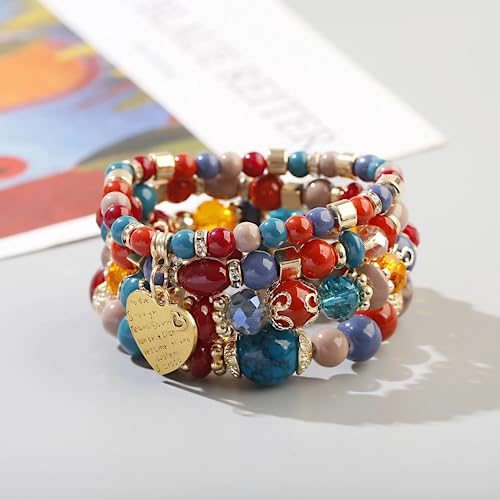 Women Beaded Bracelet Set | Colorful Boho Stackable Trendy Design with Crystal Accents Multilayer Bangle Bracelet | Fashion Stretch Braclets Jewelry for Women - color: Red