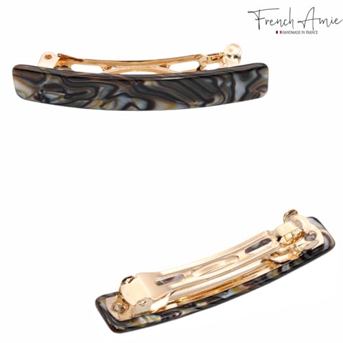 French Amie Small 2 1/4 inch Celluloid Handmade Hair Barrette No Slip Grip Durable Styling Women Hair Accessories Hair Clip for Girls, Made in France(Onyx Silver Grey) - color: Onyx Silver Grey