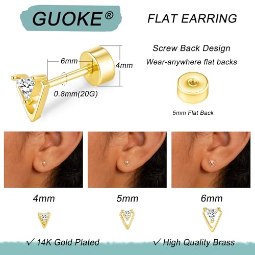 3 Pair Tiny Flat Back Earrings for Women - 14K Gold/White Gold Plated Dainty Cute Small Screw Flatback Stud Earring, Everyday Wear Gift - color: cz triangle gold