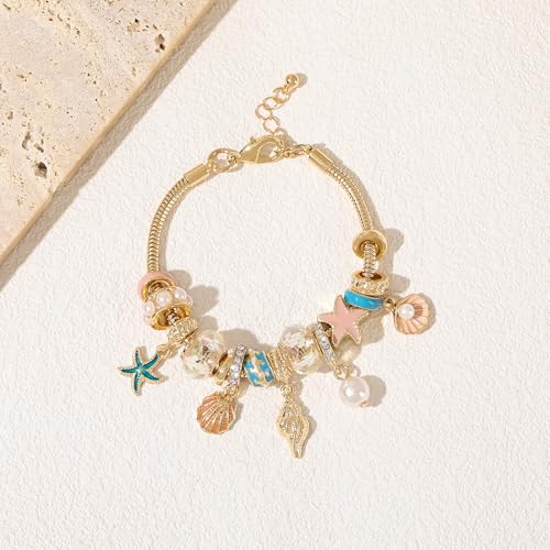 Madison Tyler Beach Bracelet for Women | Seahorse Octopus Tropical Fish Sea Turtle Shell Conch Beaded Charm Bracelet | Cute Gold Plated Adjustable Snake Chain Bracelet - style: Conch