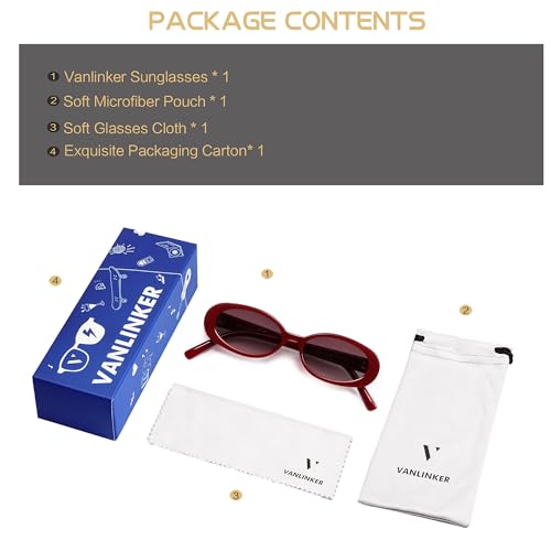 VANLINKER Polarized Retro Oval Sunglasses for Women and Men Small 90s Style VL9580 - color: C17 Red Frame/Red Lens