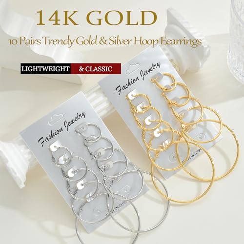 9 Pairs Small Gold/Silver Hoop Huggie Earrings Set for Women, 14K Gold Plated Chunky Hoop Small Earring Hypoallergenic Thick Open Lightweight Chunky Hoop Earrings Jewelry for Gifts - color: 5Gold5Silver