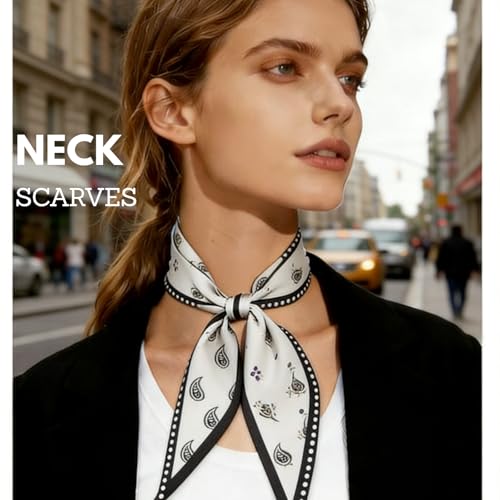 CHLINS 4PCS Satin Head Scarf for Women, Neck Hair Purse Handbag Accessory Fashion Versatile Thin Long Strip Scarf - color: White+blue
