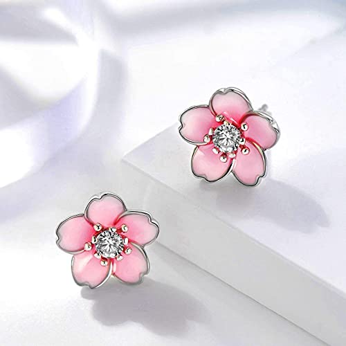 Pink Flower Earrings for Women, 925 Sterling Silver Stud Earrings, Cute Plumeria Earrings For Women, Cherry Blossom Hypoallergenic Stud - color: *Pink