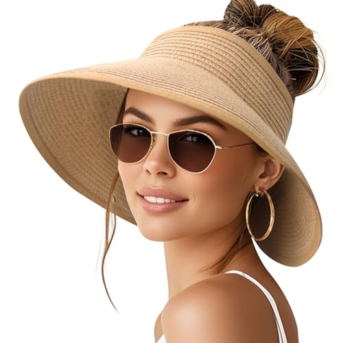 NPQQUAN Sun Visor Hats for Women Wide Brim Ponytail Straw Beach Hat Packable Foldable UPF 50+ Floppy Travel Hats - color: (Khaki)), style: Classic