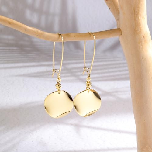 14K Gold Dangle Earrings for Women，Lightweight Circle Disc Coin Geometric Flat Brushed Drop Earrings, Hypoallergenic Leverback Earrings Jewelry - color: C-14K Gold