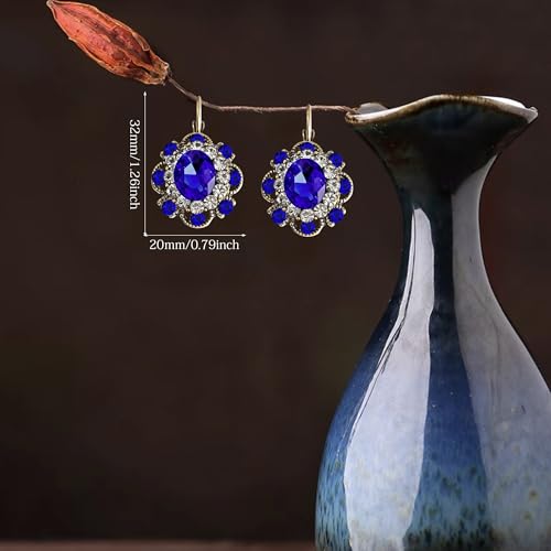 Handmade Bohemian Vintage Gold Sparkly Crystal Round Flower Leverback Earrings Cute Rhinestone Geometry Dangle Drop Earring for Women - color: Royal Blue