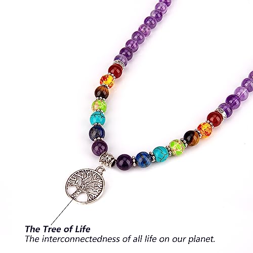 108 Mala Beads Necklace 7 Chakra Buddhist Prayer Beaded Bracelet Tree of Life Pendant Stone Yoga Necklace - color: Amethyst-Obsidian