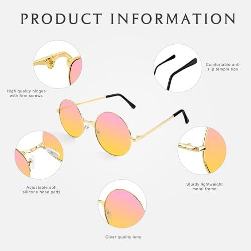 NACHLYNN Round Hippie Sunglasses Metal Border Circle Hippie Glasses UV380 Protection 70s Sunglasses for Men Women Party Favor - color: Pink Yellow