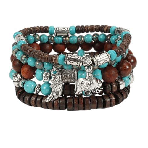 COLORFUL BLING Boho Turquoise Wooden Beaded Stretch Bracelets Stackable Turtle Butterfly Elephant Shell Heart Charms Bracelet for Women Men Western Jewelry Gifts - style: Set 1