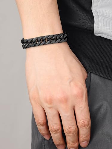 ChainsHouse Stainless Steel Cuban Link Bracelet, 8mm/12mm/17mm Width, 7.5"/8.3"/9", 18K Gold Plated Chain Wrist Bracelets for Men Women, Send Gift Box - color: T: Black-12mm width-custom