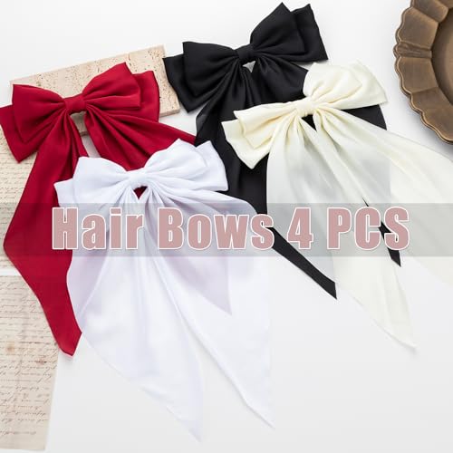 Hair Bows 4 PCS, Hair Bows for Women, Hair Ribbons, Oversized Long-tail Cute Aesthetic Hair Accessories, Large Hair Barrettes for Women, Bows for Girls (Wine red, off white, black, white)