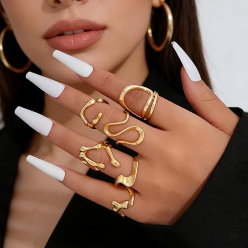 Chunky Gold Rings Set for Women Stackable Statement Ring Sets Non Tarnish Adjustable Open Knuckle Rings Irregular Gold Jewelry Set Trendy Prom Outfits Accessories - color: gold1