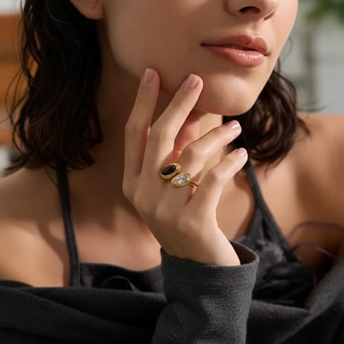 Mchic Adjustable Chunky Rings for Women: Dainty Natural Gemstone Ring Stainless Steel 18K Gold/Silver Plated Band Rings Non Tarnish Waterproof Statement Fashion Jewelry Gift for Women - color: Gold+Tiger Eye Stone+Cubic Zirconia