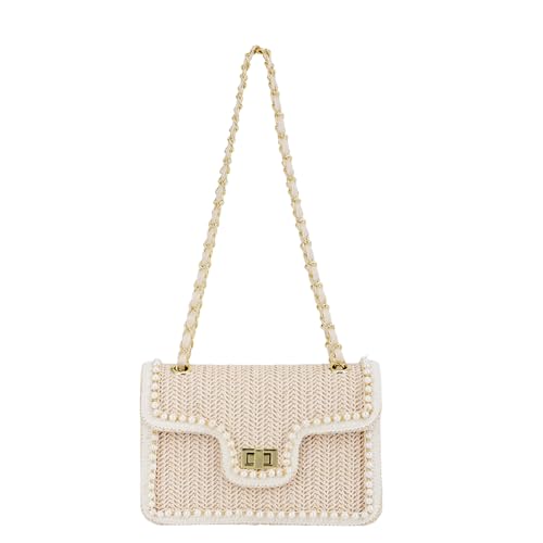 Fecialy Straw Crossbody Bags for Women Summer Straw Beach with Pearls Raffia Shoulder Handbags - color: Beige