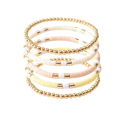 GOOJIDS Surfer Heishi Clay Bead Bracelets for Women Bohemian Stackable Gold Plated Beaded Stretch Bracelets Elastic Layering Friendship Bracelets Set Boho Jewelry - color: B-Beige Surfer Color & Gold Bead