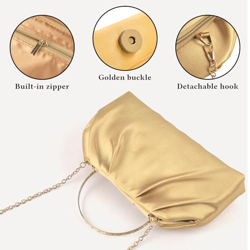 ERKOON Clutch Purse for Women Elegant Pleated Evening Bag Crossbody Shoulder Handbag Envelope Bag with 2 Detachable Chain - color: Gold