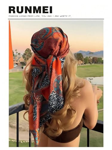 SweatyRocks Women's Printed Satin Hair Scarf Neckerchief Square Scarf Bandanas Head Wraps - color: Orange Paisley