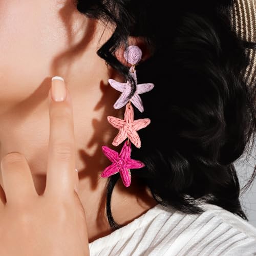 Boho Raffia Earrings Starfish Shell Seashell Dangle Drop Earrings Cute Statemnet Trendy Jewelry Summer Beach Outfits for Women - color: Pink, size: Seastar