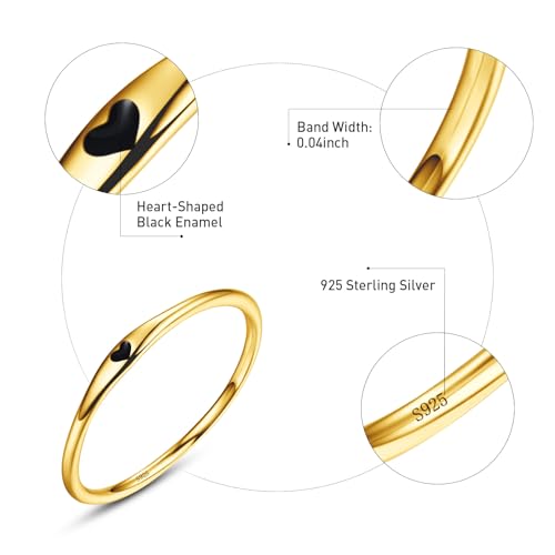925 Sterling Silver Heart Ring for Women, 1mm Ultra Thin 14K Plated Gold Hypoallergenic Wedding Band with Black/Yellow/Red/Blue/Pink Love, Promise Stack Travel Jewelry Gifts Size 5-10 - color: H-Gold-Black