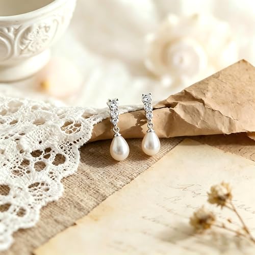 Pearl Earrings for Women, 14k Gold Plated Trendy Diamond Pearl Drop Earrings Hypoallergenic Dainty Bridal Gifts Wedding jewelry for Women - color: A—Silver