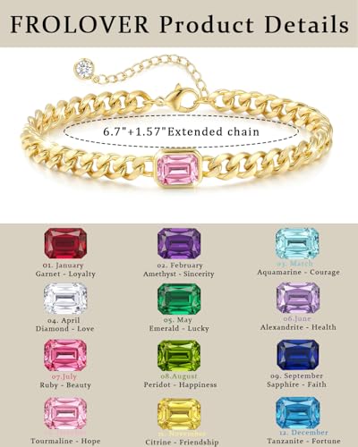 Birthstone Gold Bracelets for Women Non Tarnish Trendy 14k Gold Plated Bracelet Dainty Charm Emerald Bracelets Stack Cuban Link Friendship Bracelets Jewelry Gifts for Birthday/Valentine's Day - color: 10. October(Tourmaline)