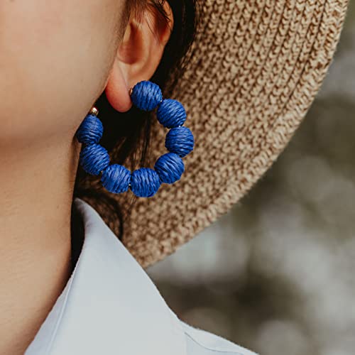 Raffia Hoop Earrings Statement Boho Beaded Earrings Cute Rattan Handmade Colorful Jewelry for Women Unique Summer Outfits - color: Royal Blue