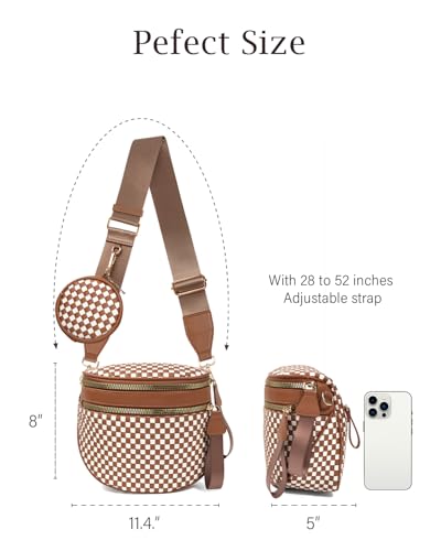Valentoria Large Woven Leather Crossbody Bags for Women Checkered Bum Bag Sling Bag Purse Adjustable Strap Detachable Wallet | Woven - color: Brown&white Checkered