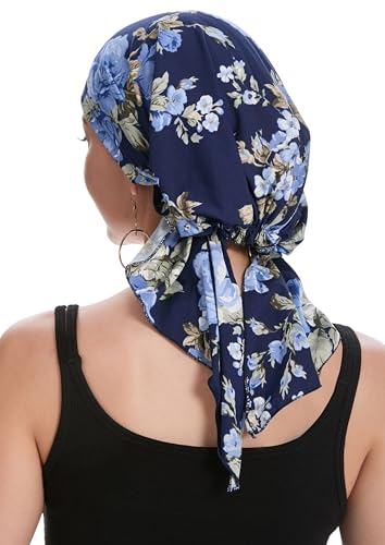 ZLYC Chemo Headwear Pre Tied Head Scarf Headwraps Lightweight Turban Beanie Cap for Women - color: Blue Rose Navy