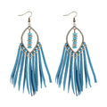 Long Bohemian Fringe Leather Earrrings Handmade Tassel Earrings with Turquoise Christmas Long Dangle Earrings for Women rodeo jewelry - color: 9