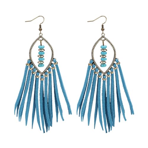 Long Bohemian Fringe Leather Earrrings Handmade Tassel Earrings with Turquoise Christmas Long Dangle Earrings for Women rodeo jewelry - color: 9