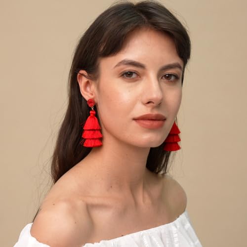 Me&Hz Colorful Layered Tassel Earrings Bohemian Statement Tiered Tassel Big Dangle Drop Earrings for Women Druzy Studs Valentine’s Day Gift - color: 01 Red