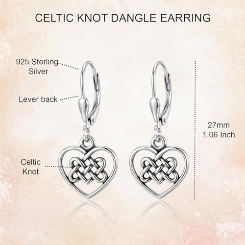 LeCalla 925 Sterling Silver Leverback Drop Earrings | Lightweight Celtic-Knot Filigree Heart Teardrop Dangle Earring for Women's Gift for Her - color: Heart Celtic Knot